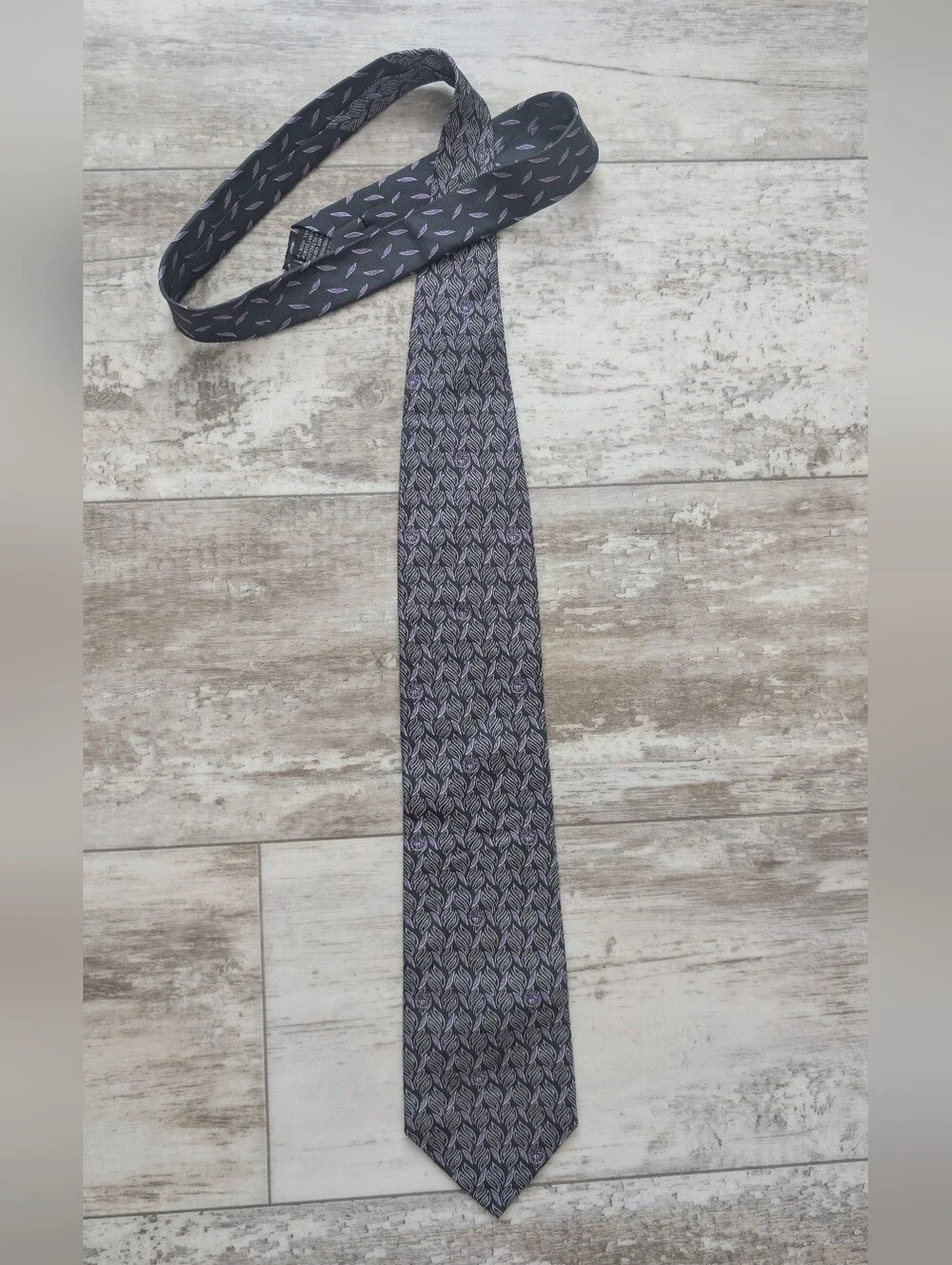 Versace Black & Purple Leaf Motif Silk Tie